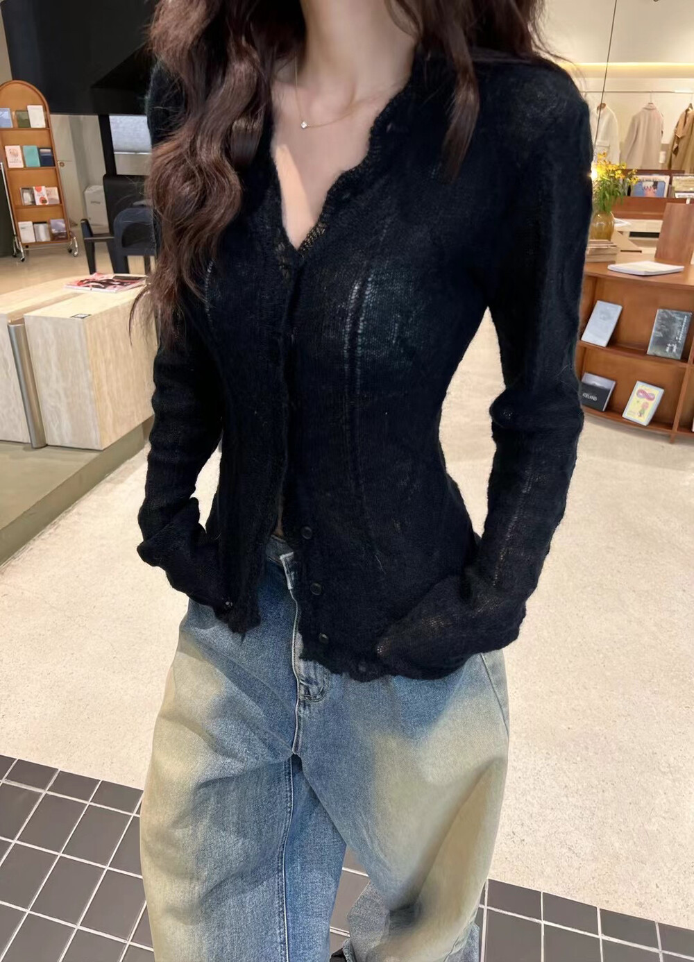 V领长袖针织衫上衣女开衫外套