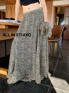 2026早春新款ALL IN正品韩系慵懒风豹纹花色半身裙宽松A字长裙女