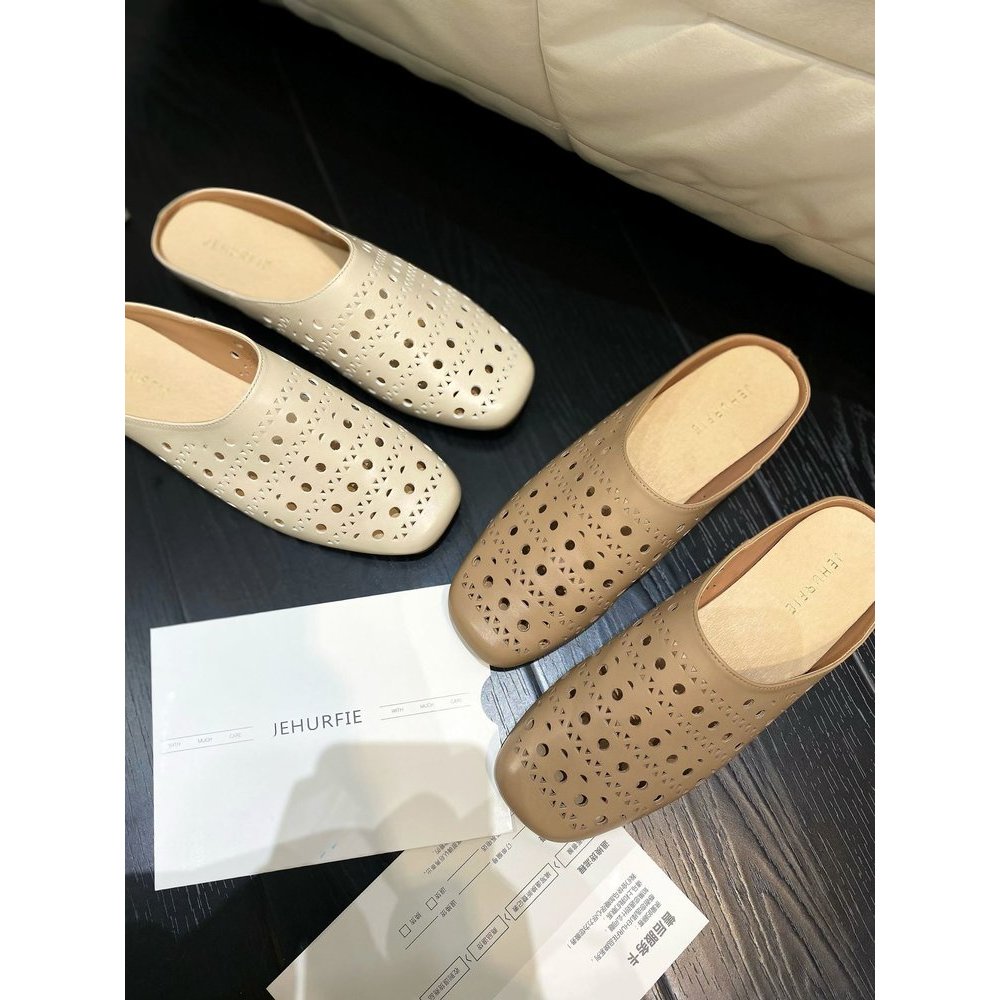 【断码清仓】镂空透气不闷脚平底包头真皮半拖AB25227