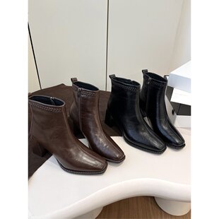 7cm~手抓牛皮粗跟方头显瘦短靴AB25570 欢欢专属