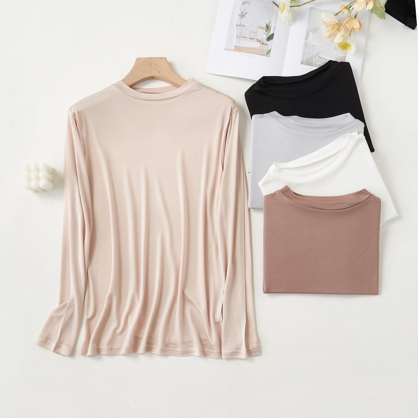 真丝小圆领长袖T恤女士肌底衣白色百搭打底衫女桑蚕丝套头衫简约