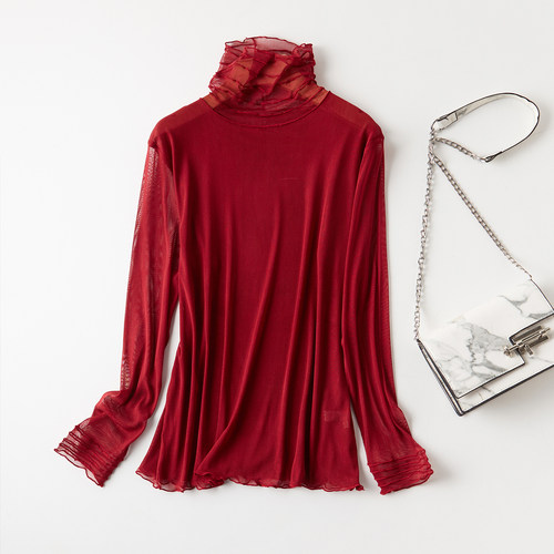 长袖真丝打底衫双层网眼针织