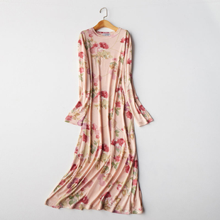 睡袍打底裙 居家服四季 真丝睡衣女针织碎花圆领长袖 睡裙长裙长款