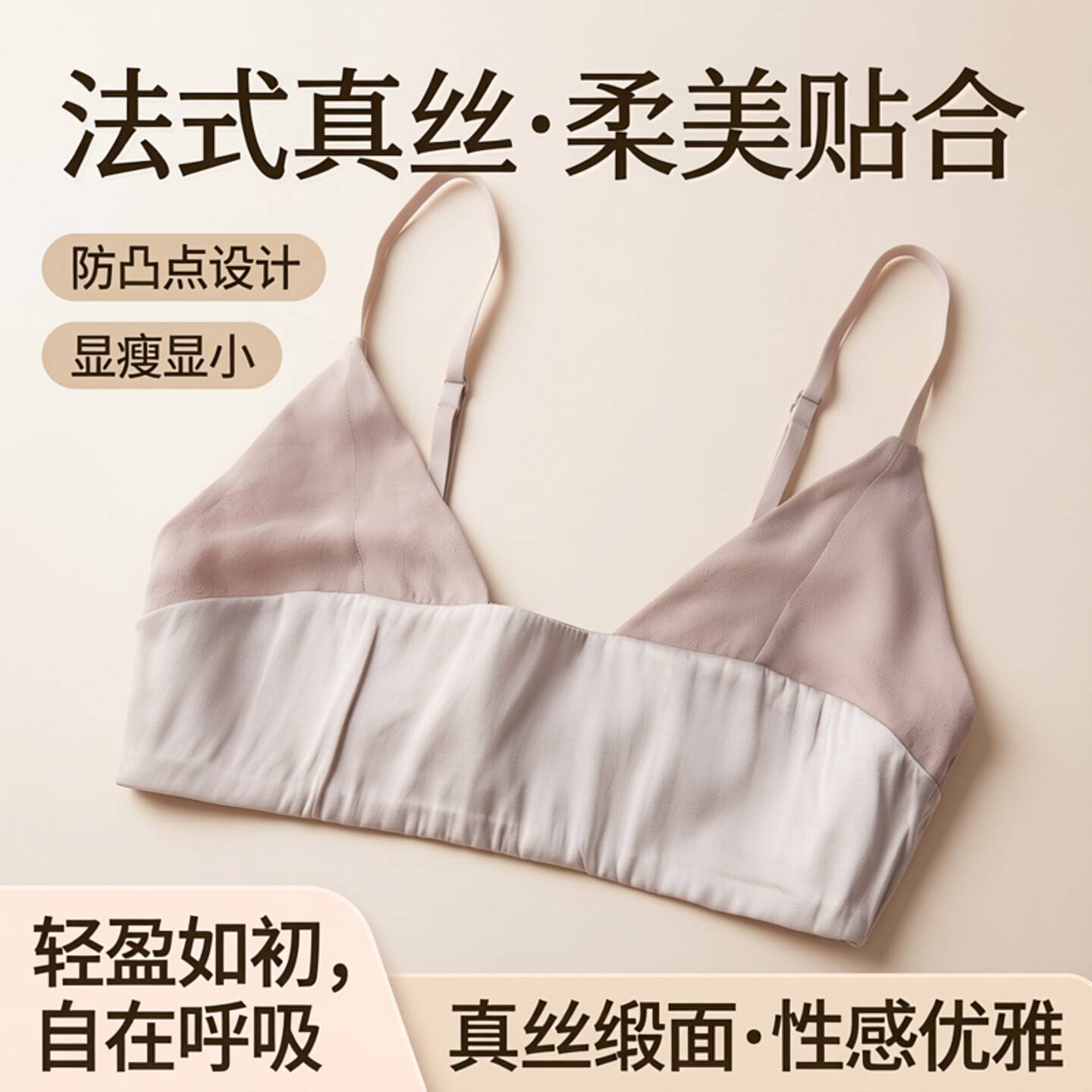 法式真丝防凸点三角杯文胸性感薄款无海绵胸罩弹力缎大胸显小内衣