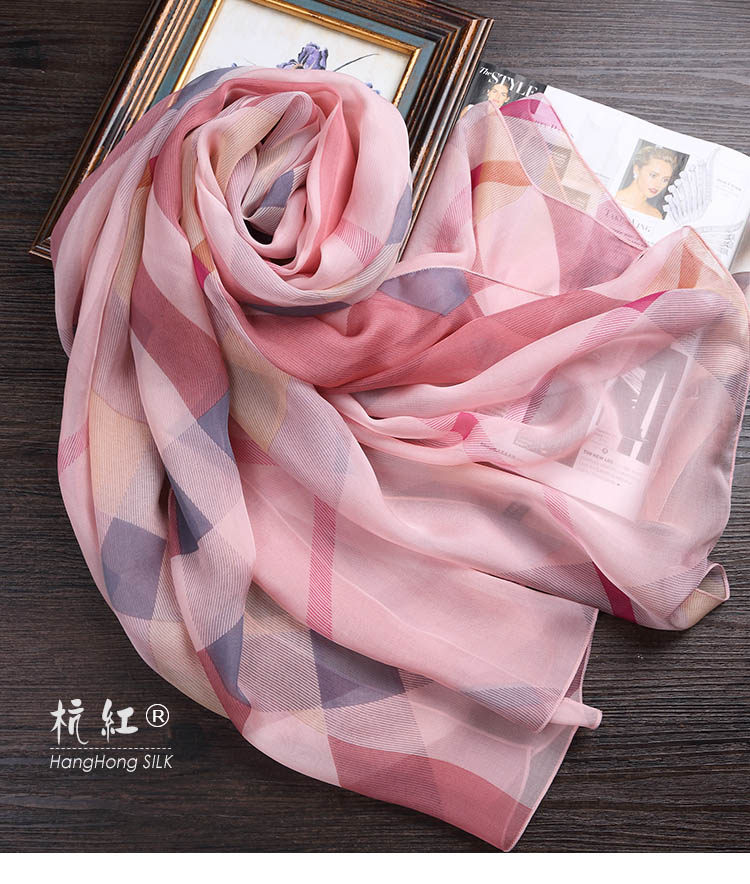 丝巾粉色格子长款真丝围巾100%桑蚕丝女士披肩春秋冬夏季百搭