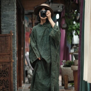 春秋亚麻宽松大袍子深度雪花洗颓废毛边盘扣国潮中式做旧连衣裙