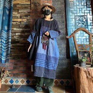 春秋亚麻双层袍子中长款复古文艺做旧老布拼接禅意民族风连衣裙