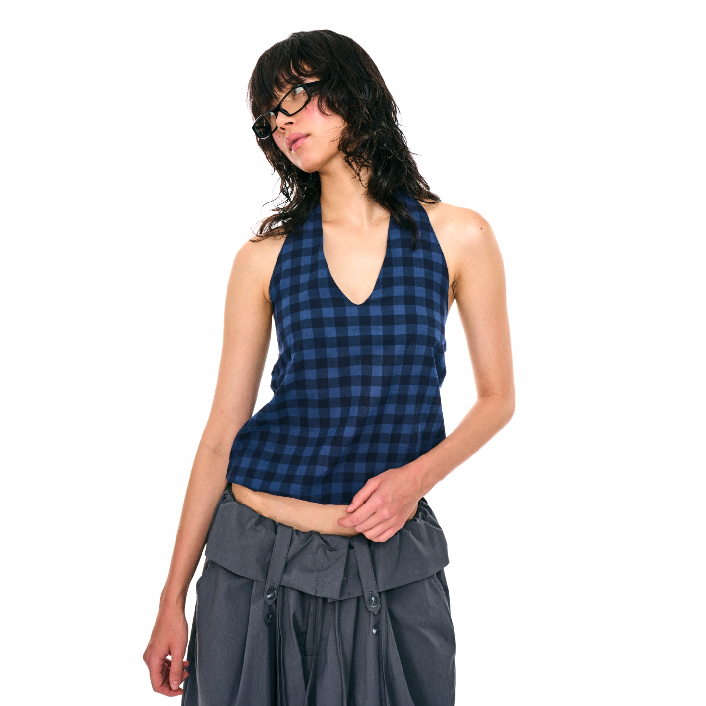 no info 经典美式复古学院派百搭时髦日常格纹挂脖吊带上衣新款女