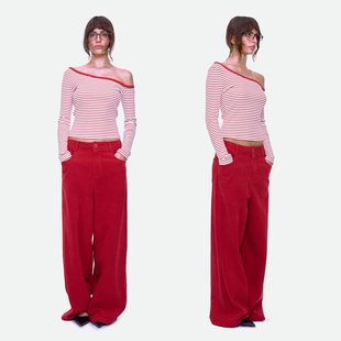 复古红条纹露肩长袖 2025秋冬美式 斜肩T恤上衣女 女星 制片厂下班