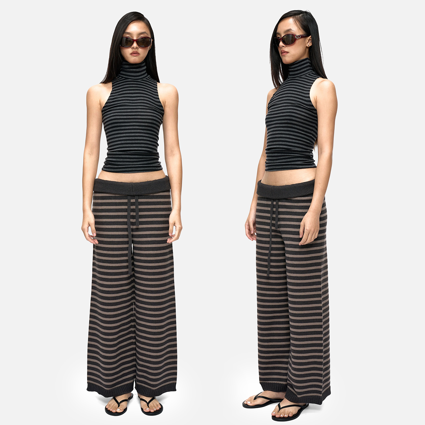 亚裔甜心古早辣妹半高领条纹上衣