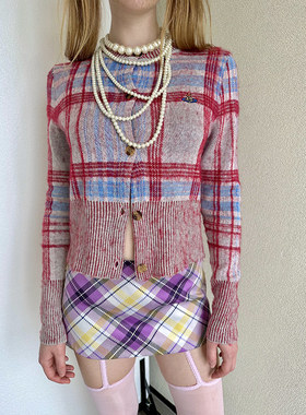2025秋冬新品 伦敦朋克运动 浪漫千禧格纹羊毛马海毛混纺针织开衫