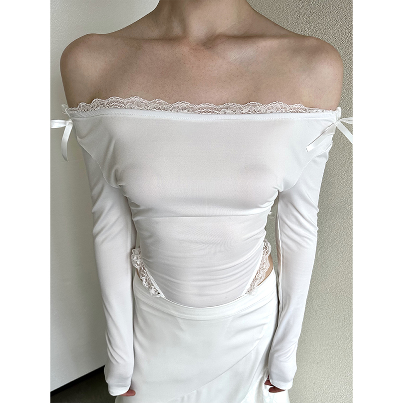 堕落天使蝴蝶结一字肩上衣2025新