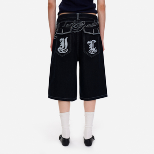 NO INFO美式复古辣妹深蓝直筒休闲低腰刺绣口袋宽松七分裤牛仔裤