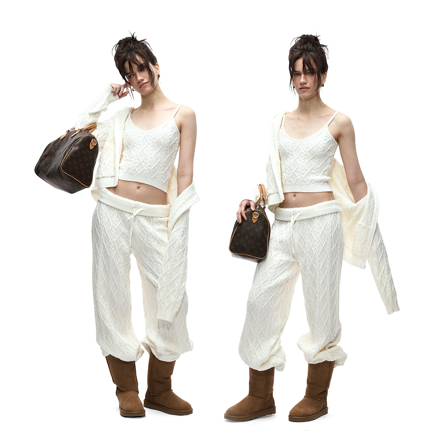 no info Effortless Chic白女美学慵懒麻花针织柔软连帽开衫/长裤