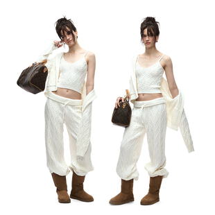 no info Effortless Chic白女美学慵懒麻花针织柔软连帽开衫/长裤