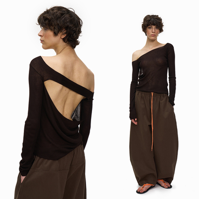 不对称露肩长袖针织衫打底早秋女