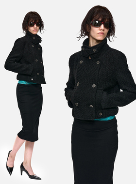 no info‘坏女人得到一切’立领两穿双排扣粗花毛呢短外套女