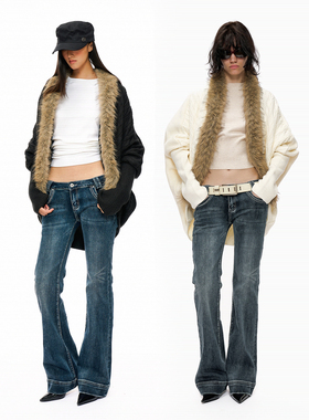 no info‘古早奈奈千金风’毛领麻花蝙袖开衫毛衣外套秋冬新款女