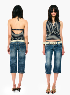 no info“名校千金”条纹褶皱钻饰蕾丝美背纯欲辣妹挂脖荡领吊带