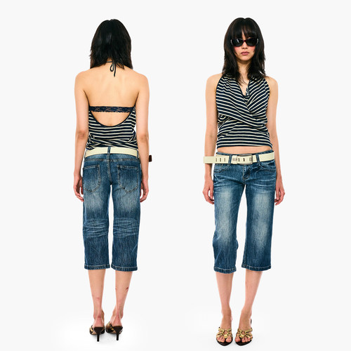 no info“名校千金”条纹褶皱钻饰蕾丝美背纯欲辣妹挂脖荡领吊带