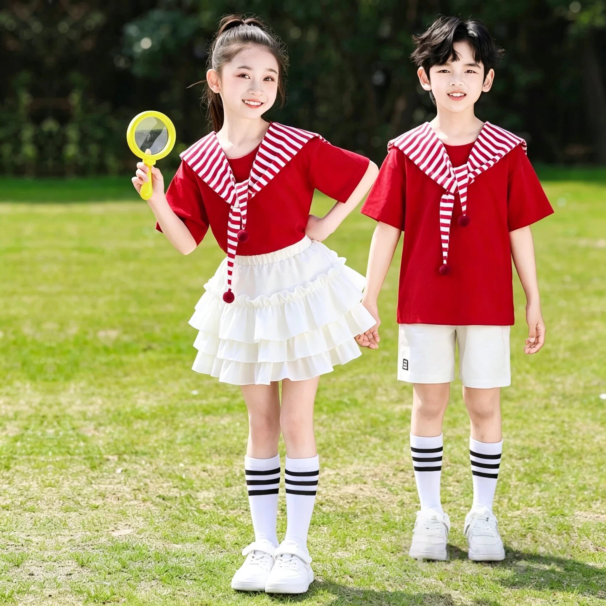儿童海军风演出服幼儿园毕业季拍照服装男女童海军领短袖套装
