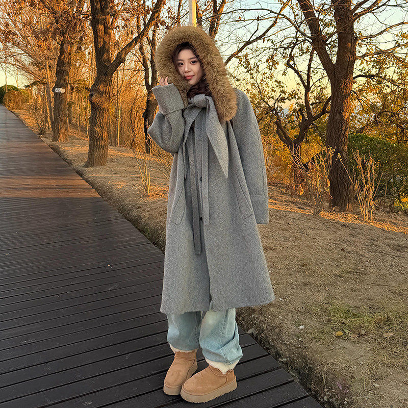 千金感灰色连帽毛领双面羊毛大衣女冬小个子高级感中长款毛呢外套,女装/女士精品,大码呢大衣,淘宝优惠券,粉丝福利购,淘宝优惠卷