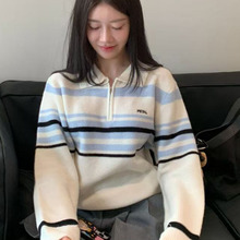 Los Alida Puella2025年冬季韩时尚设计感条纹翻领拉链长袖针织衫