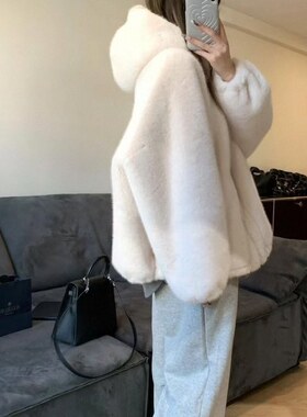 2025新款白色仿水貂毛皮毛一体连帽皮草外套女加厚毛毛大衣