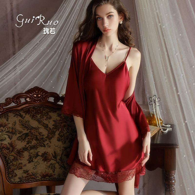品牌内衣深V聚拢加胸垫纯欲顺滑缎面睡裙舒适外袍女套装5610,女士内衣/男士内衣/家居服,睡袍/浴袍,淘宝优惠券,粉丝福利购,淘宝优惠卷