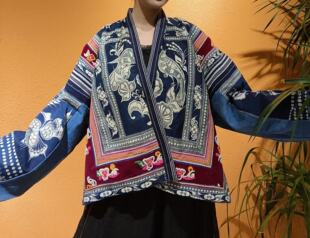 民族风手工老蜡染割绒外套