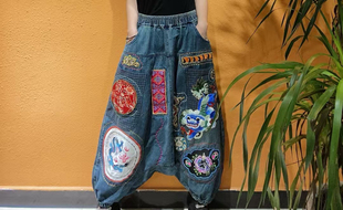 牛仔拉裆裤 民族风手工老绣时尚 设计款