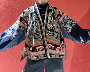 民族风手工老蜡染割绒外套