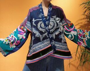 民族风手工老蜡染割绒外套