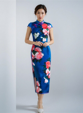 （捡漏S-3XL）Z曼2025夏季短袖古典立领天丝缎长旗袍折扣尾货蓝色
