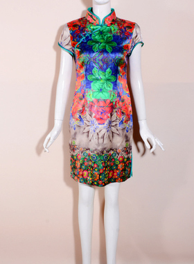 （捡漏M-4XL）素罗Y2025夏季立领国风真丝桑蚕丝旗袍绿色尾货