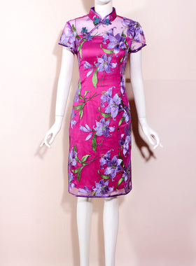 （M-XL）绝色2025夏季重工刺绣蕾丝双层旗袍紫色显瘦折扣尾货