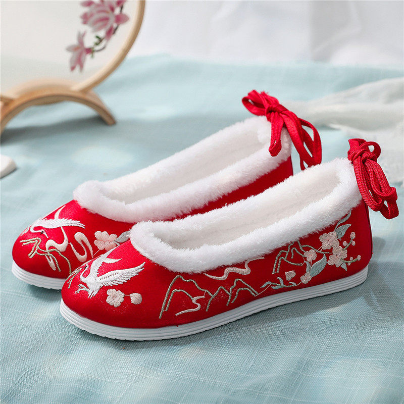 冬季新款平跟棉鞋弓鞋内增高汉服鞋加绒保暖古风系带圆头女绣花鞋,女鞋,绣花鞋,淘宝优惠券,粉丝福利购,淘宝优惠卷