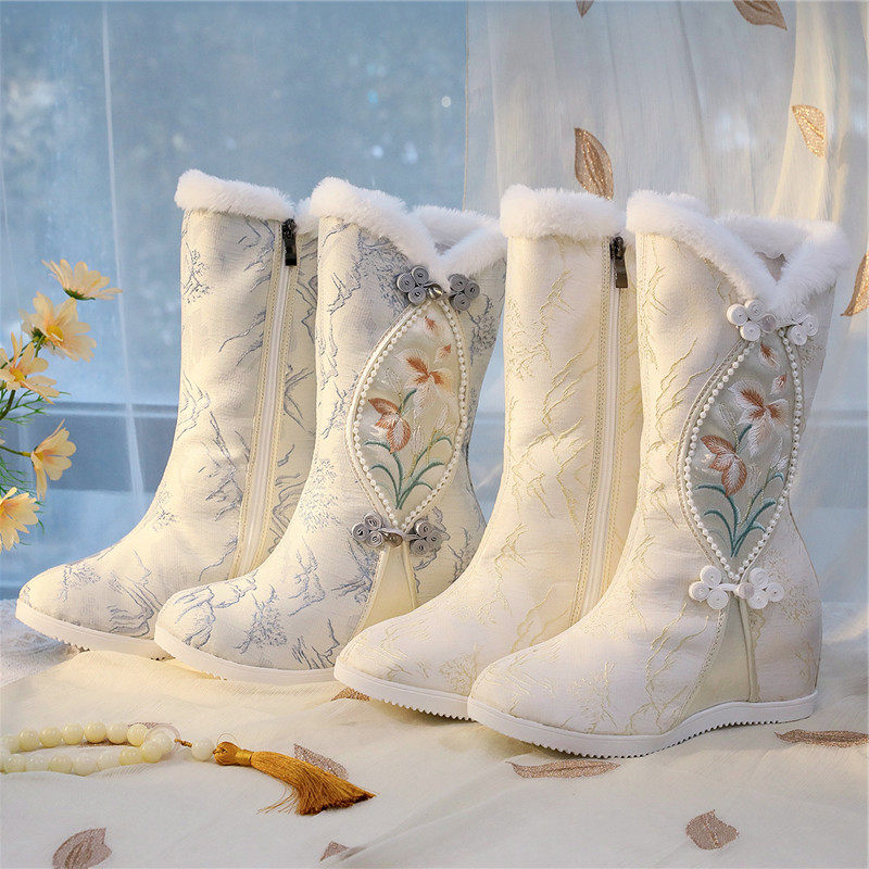 舒雅 2025新款冬季夹棉加绒高跟棉靴古风拉链金丝绣绣花毛口棉鞋,女鞋,时装靴,淘宝优惠券,粉丝福利购,淘宝优惠卷