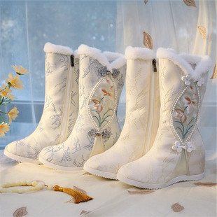 舒雅 2025新款冬季夹棉加绒高跟棉靴古风拉链金丝绣绣花毛口棉鞋