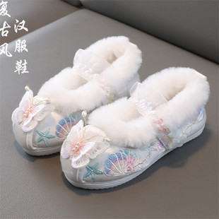 女童古风鞋冬儿童汉服配鞋古装翘头加绒汉服棉鞋女宝中国风拜年鞋