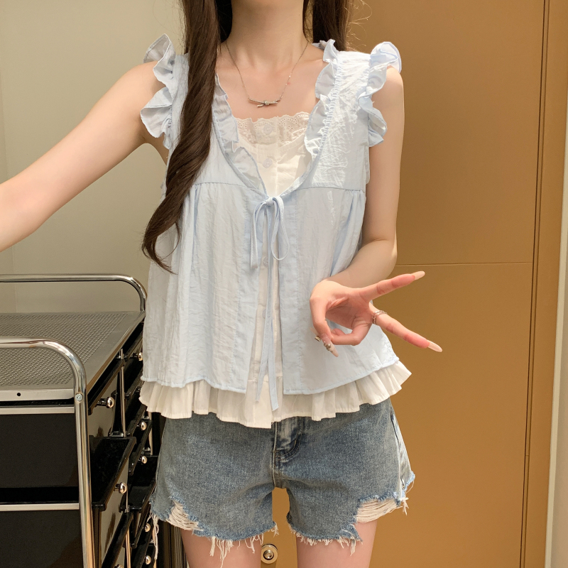 实拍现货韩系格子假两件衬衫女木耳边减龄宽松无袖娃娃衫背心上衣