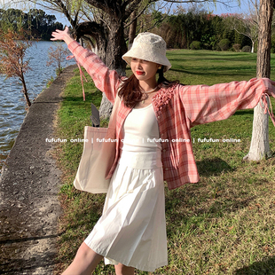 fufufun「粉桃桃～」原创春日少女氧气粉格重工褶皱系带衬衫 上衣