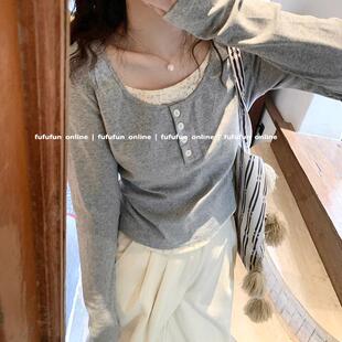 fufufun「chao好穿」小碎花拼接假两件叠搭长袖 上衣内搭打底早秋