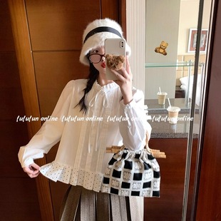 fufufun「札幌日记」原创日系复古小波点拼接下摆系带压褶衬衣