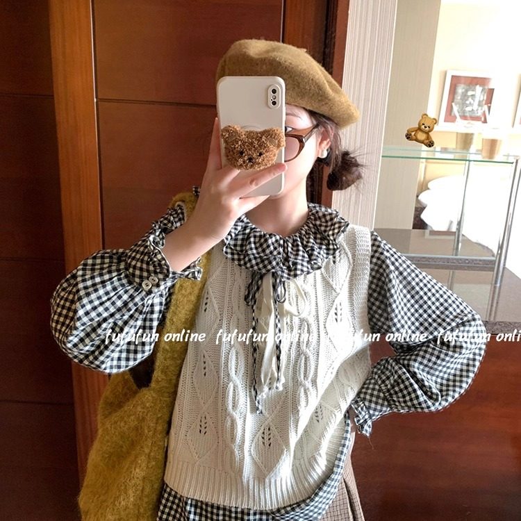 fufufun「镂空钩花」复古叠搭绑带日系学院风麻花针织背心马甲