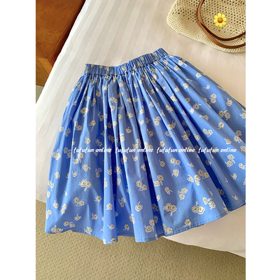 fufufun「蓝色小雏菊」原创日系复古清新小雏菊碎花少女半身裙