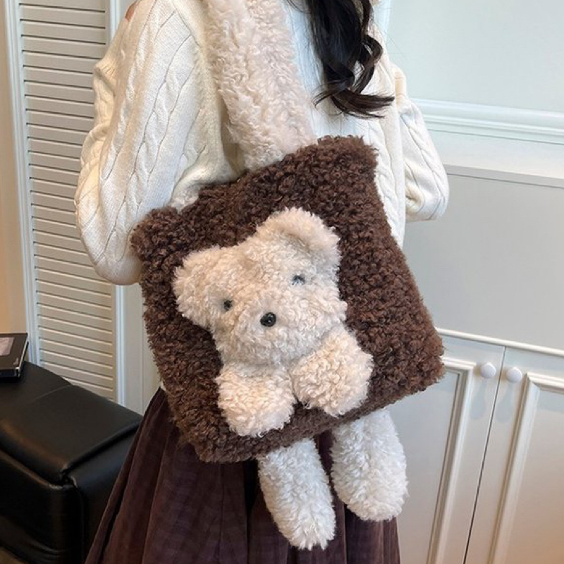 可爱小狗毛绒包包女2025新款卡通软托特大容量通勤撞色单肩书本包
