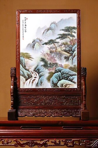 印度小叶紫檀大红酸枝嵌瓷板画室内文玩摆件插屏板畫插屏开业礼品