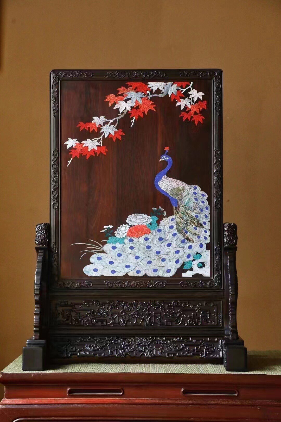 屏风插屏摆件客厅办公螺钿镶嵌彩贝花鸟老挝大红酸枝红木福建木雕