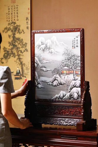 紫檀大红酸枝瓷板画手工雕刻插屏客厅工艺摆件文玩收藏开业礼品